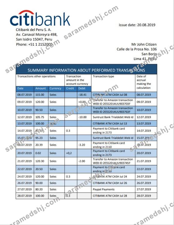 Peru Citibank bank statement easy to fill template in Word and PDF format